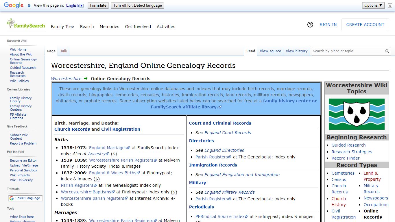 Worcestershire, England Online Genealogy Records ...