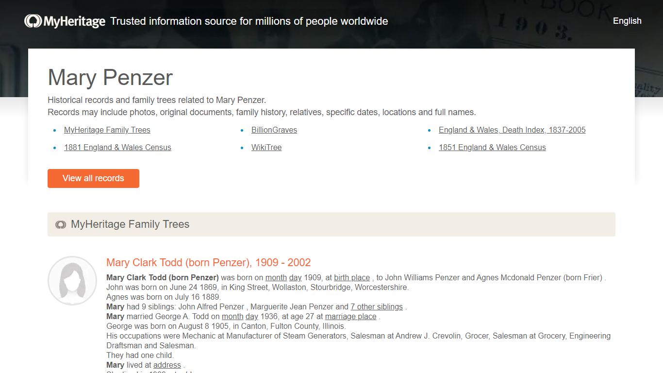 Mary Penzer - Historical records and family trees - MyHeritage